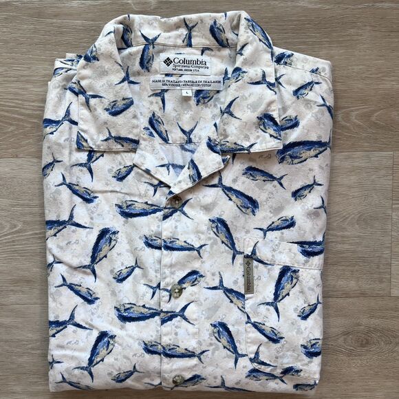 Columbia Fish Print Button Down 100% Cotton Men's-Size L - Picture 1 of 7